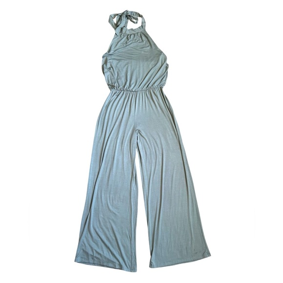 Shop Dordor blue/gray wide leg jumpsuit with halter tie top size small - Picture 1 of 11
